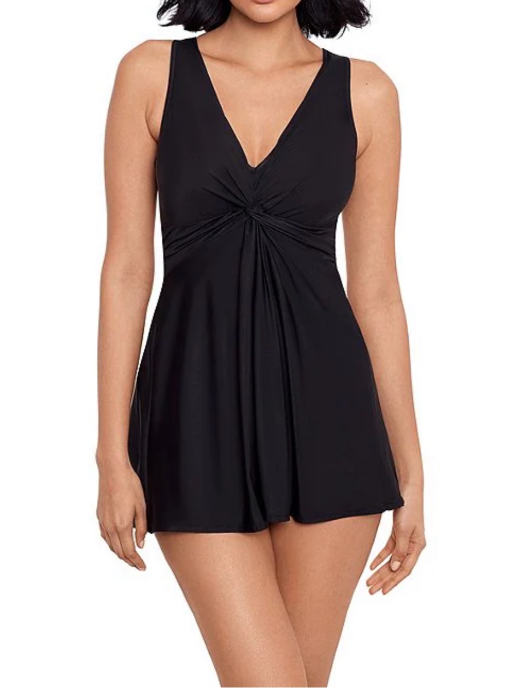 Miraclesuit Black Marais Twist Front V-Neck One Piece Swim Dress New W Liner